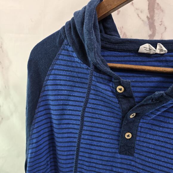Tentree Shirt Mens XL Navy Blue Henley Hemp Organic Hooded Striped 10 Tree - Picture 2 of 11